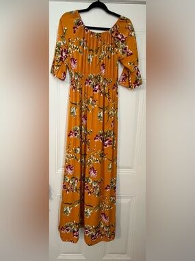 Floral Maxi Dress in Mustard with Pink Accent